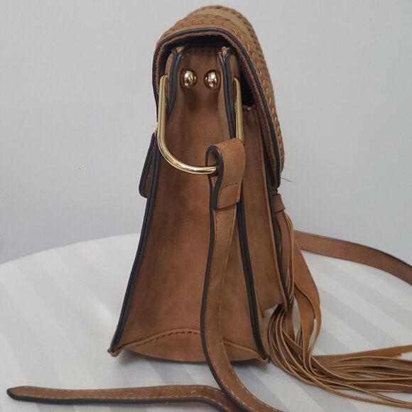 Franco Sarto Purse Tan Suede Tassel Crossbody Bag Structured Saddlebag Purse - Picture 7 of 7